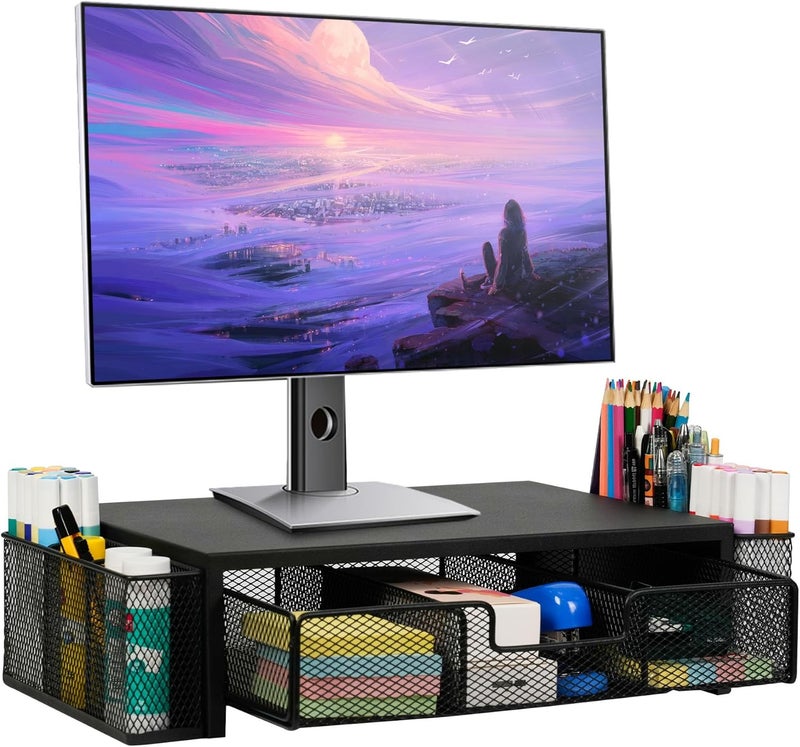 Qupui Computer Monitor Stand Riser with Drawer and Pen Holders, Desk Organizer Shelf and Accessories, Office Desk Accessories, Office Organization, Black - Image 1